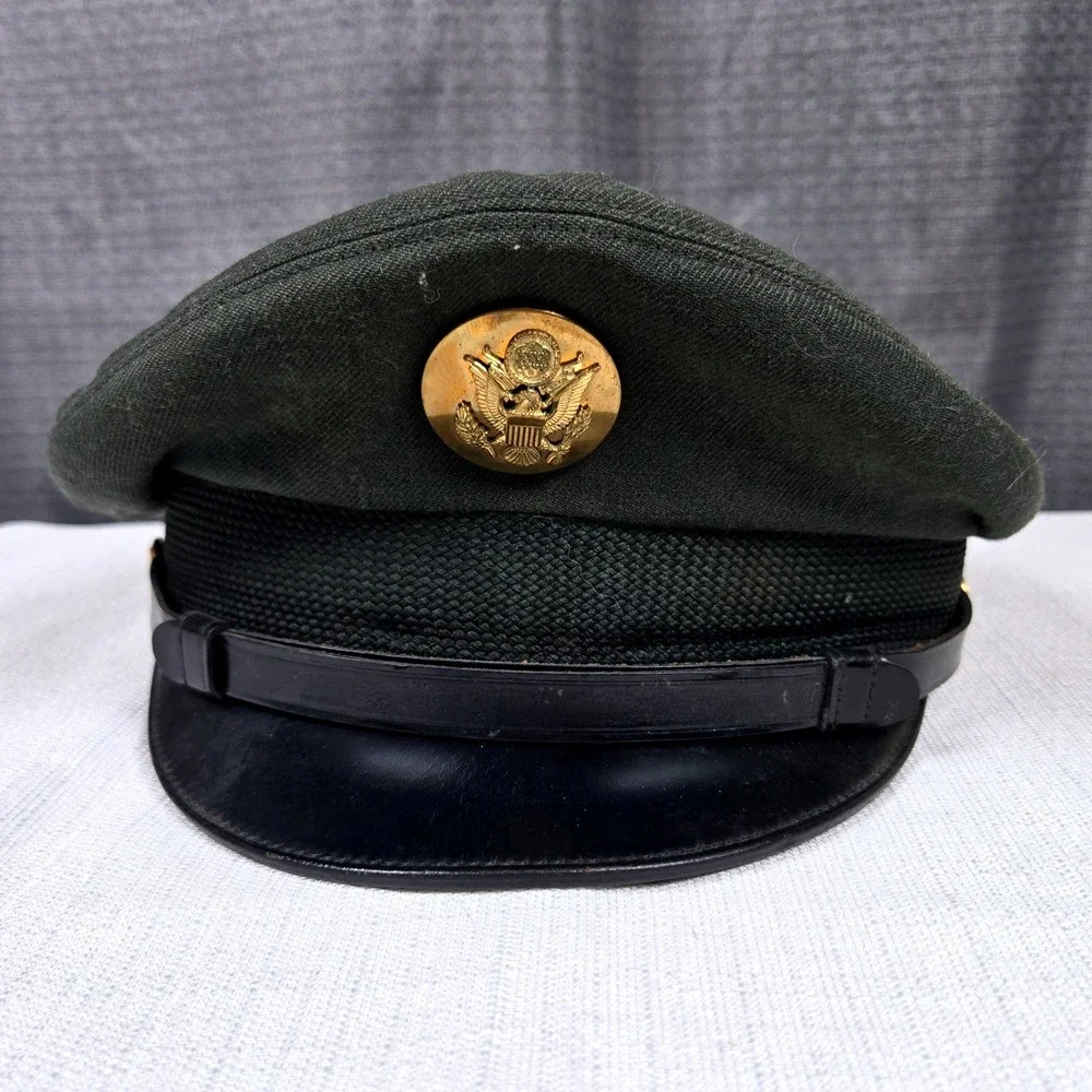 Vintage US Army Enlisted Service Cap Olive Drab Green Wool Peaked Visor Hat